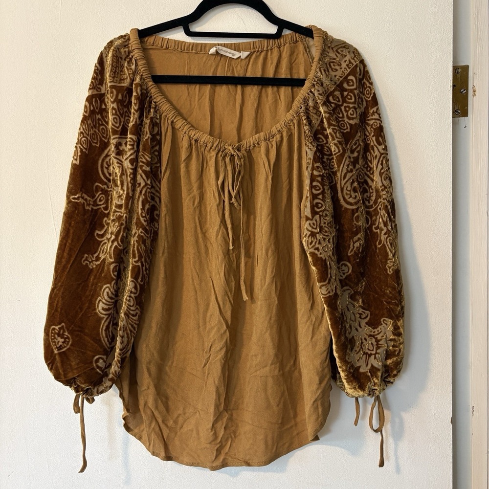 Soft Surroundings Top Womens Medium Gold Silk Blend Velvet Burnout Boho Peasant